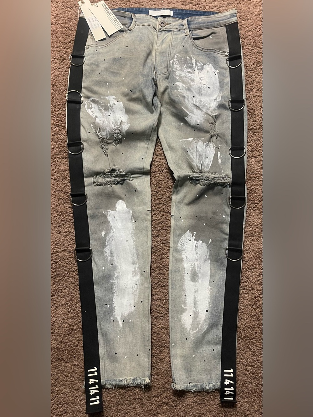 KDNK Distressed Gray Paint-Splash Men’s Jeans with Black Side Straps Size 36